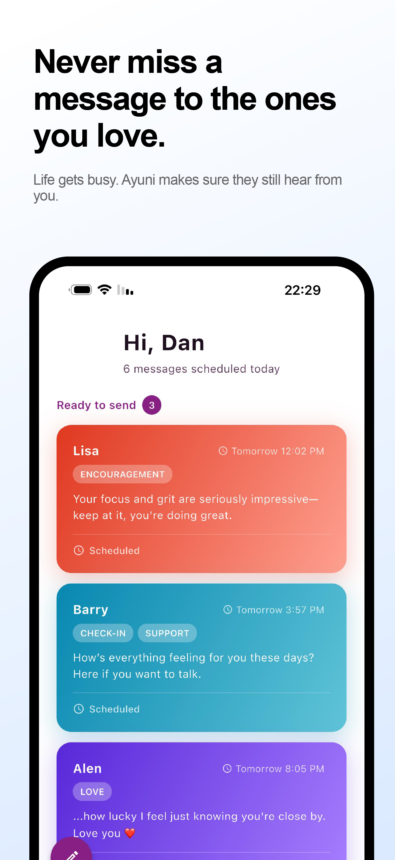 Ayuni dashboard showing scheduled messages ready to send
