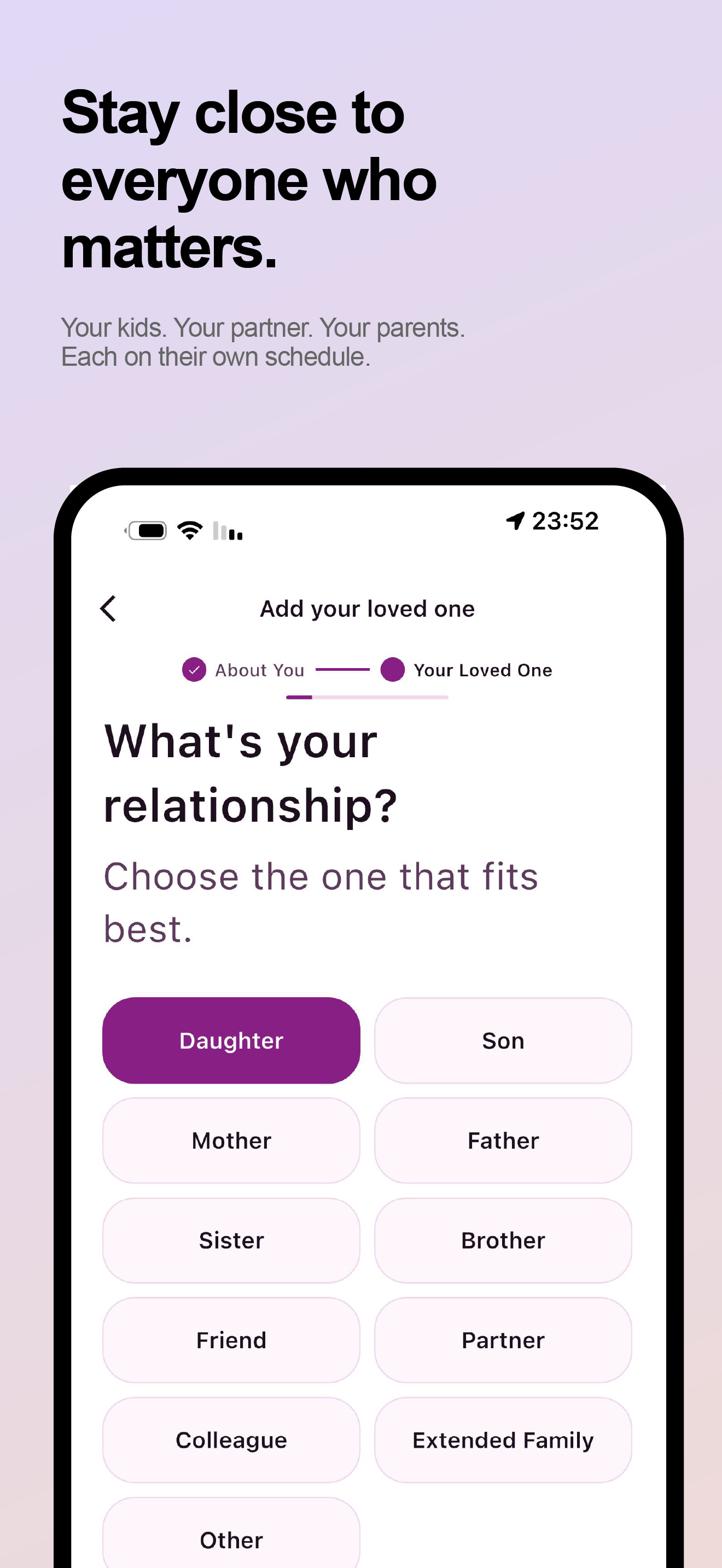Adding a loved one and choosing your relationship